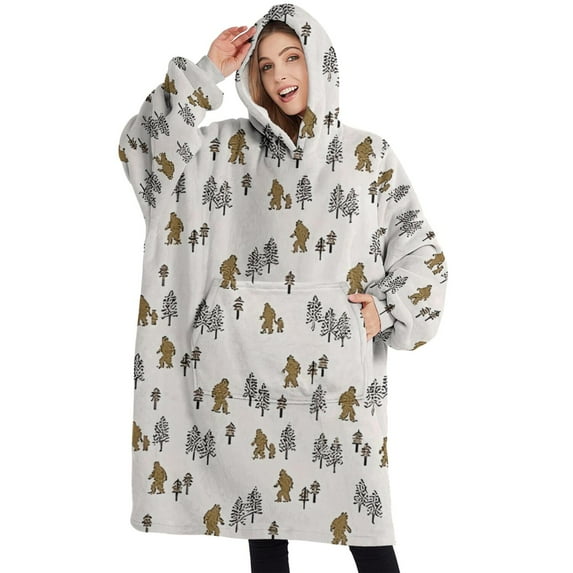 Oversized Wearable Blanket Hoodie,White Bigfoot and Tree Pattern Sherpa Blanket Hoodie with Super Pockets,Super Warm Fuzzy Pullover for Women & Men