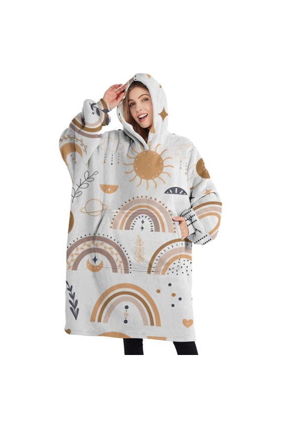 Oversized Wearable Blanket Hoodie,White Boho Bohemia Rainbow Sun Moon Pattern Sherpa Blanket Hoodie with Super Pockets,Super Warm Fuzzy Pullover for Women & Men