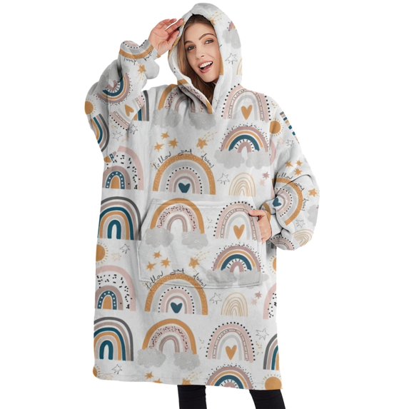 Oversized Wearable Blanket Hoodie,White Boho Bohemia Rainbows Suns Clouds Pattern Sherpa Blanket Hoodie with Super Pockets,Super Warm Fuzzy Pullover for Women & Men