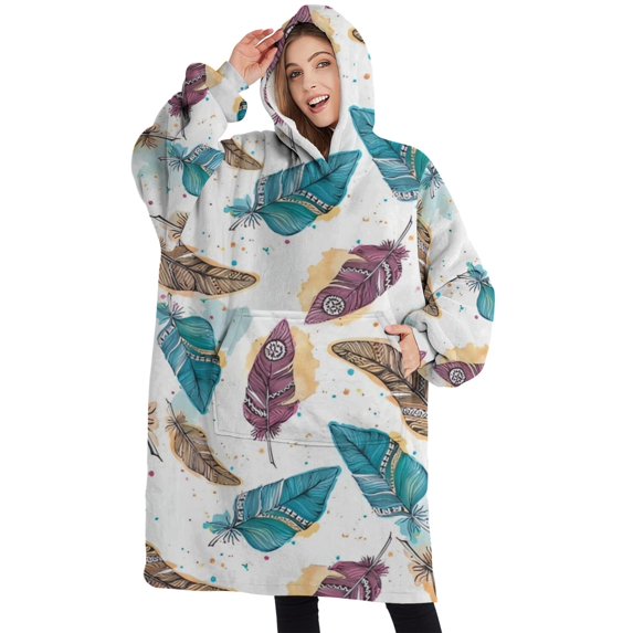 Oversized Wearable Blanket Hoodie,White Boho Tribal Feathers Pattern Sherpa Blanket Hoodie with Super Pockets,Super Warm Fuzzy Pullover for Women & Men