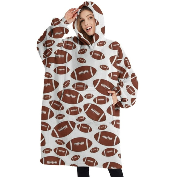 Oversized Wearable Blanket Hoodie,White Brown Footballs Pattern Sherpa Blanket Hoodie with Super Pockets,Super Warm Fuzzy Pullover for Women & Men