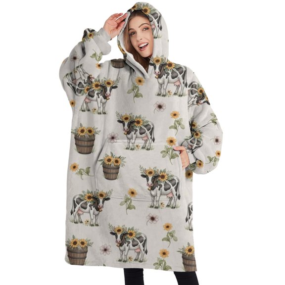 Oversized Wearable Blanket Hoodie,White Buffalo Pattern Sherpa Blanket Hoodie with Super Pockets,Super Warm Fuzzy Pullover for Women & Men