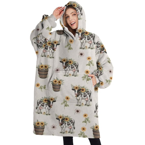 Oversized Wearable Blanket Hoodie,White Buffalo Pattern Sherpa Blanket Hoodie with Super Pockets,Super Warm Fuzzy Pullover for Women & Men