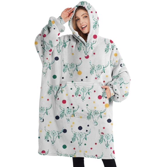 Oversized Wearable Blanket Hoodie,White Buffalo Skull Dot Pattern Sherpa Blanket Hoodie with Super Pockets,Super Warm Fuzzy Pullover for Women & Men