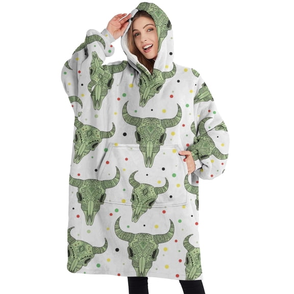 Oversized Wearable Blanket Hoodie,White Buffalo Skull Dot Pattern Sherpa Blanket Hoodie with Super Pockets,Super Warm Fuzzy Pullover for Women & Men