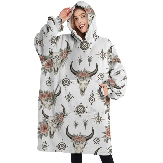 Oversized Wearable Blanket Hoodie,White Buffalo Skull Flower Geometric Pattern Sherpa Blanket Hoodie with Super Pockets,Super Warm Fuzzy Pullover for Women & Men