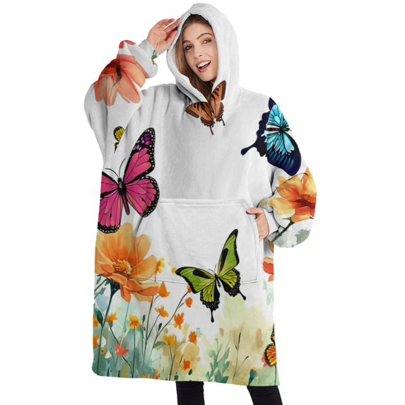 Oversized Wearable Blanket Hoodie,White Butterfly Flower Field Pattern Sherpa Blanket Hoodie with Super Pockets,Super Warm Fuzzy Pullover for Women & Men