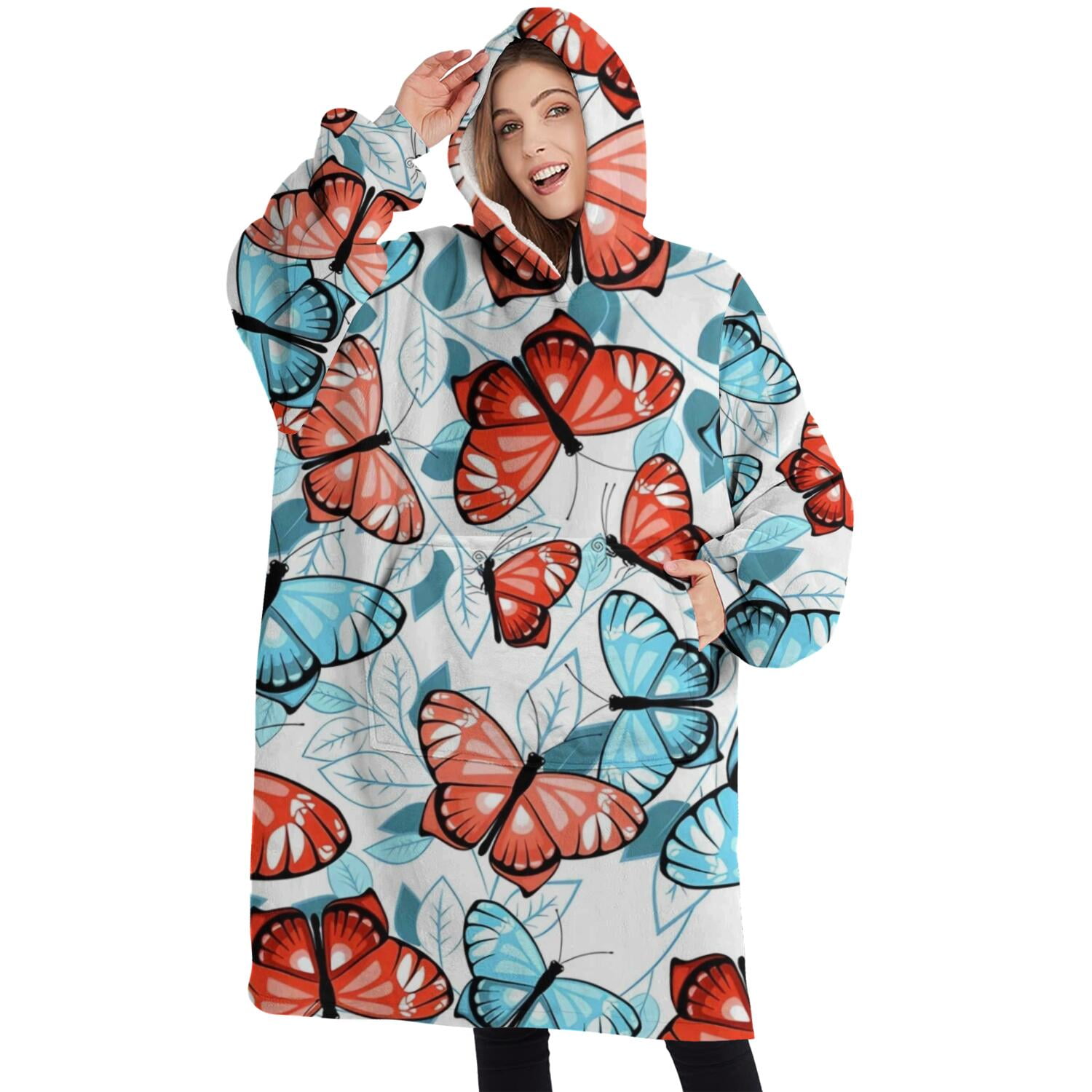 Oversized Wearable Blanket Hoodie,White Butterfly Red Blue Leaf Pattern Sherpa Blanket Hoodie with Super Pockets,Super Warm Fuzzy Pullover for Women & Men