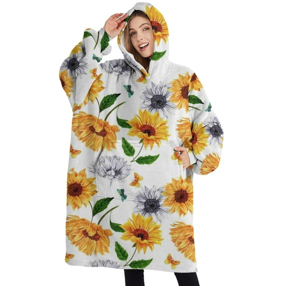Oversized Wearable Blanket Hoodie,White Butterfly Sunflower Pattern Sherpa Blanket Hoodie with Super Pockets,Super Warm Fuzzy Pullover for Women & Men