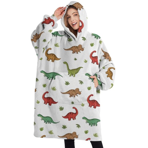 Oversized Wearable Blanket Hoodie,White Cartoon Dinosaurs Leaves Pattern Sherpa Blanket Hoodie with Super Pockets,Super Warm Fuzzy Pullover for Women & Men