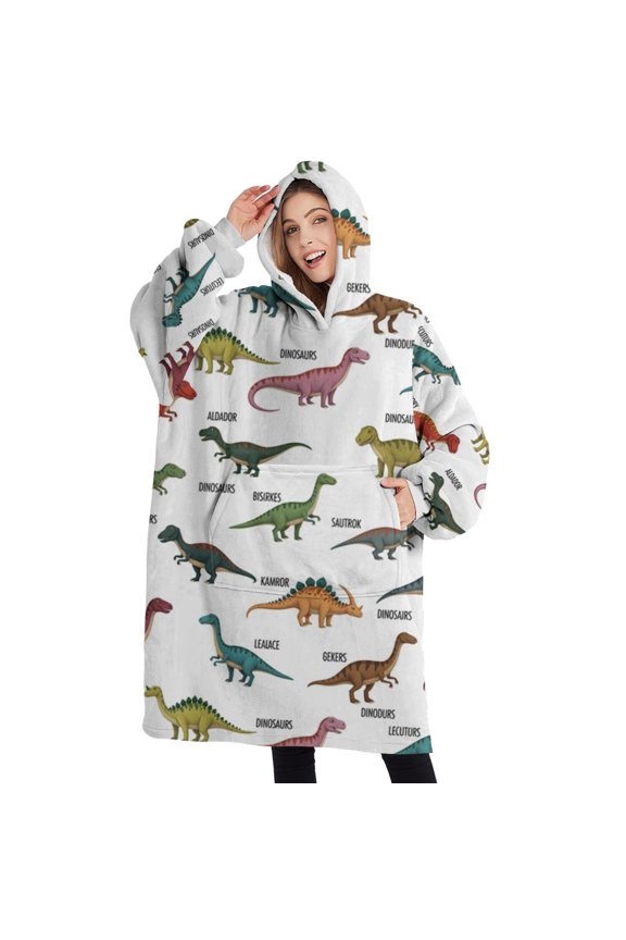 Oversized Wearable Blanket Hoodie,White Cartoon Dinosaurs Names Pattern Sherpa Blanket Hoodie with Super Pockets,Super Warm Fuzzy Pullover for Women & Men