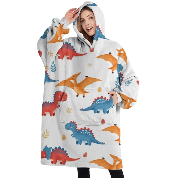 Oversized Wearable Blanket Hoodie,White Cartoon Dinosaurs Pterosaurs Pattern Sherpa Blanket Hoodie with Super Pockets,Super Warm Fuzzy Pullover for Women & Men