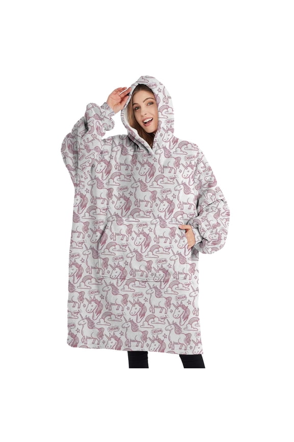 Oversized Wearable Blanket Hoodie,White Cartoon Unicorn Cloud Pattern Sherpa Blanket Hoodie with Super Pockets,Super Warm Fuzzy Pullover for Women & Men