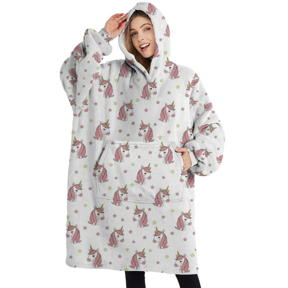 Oversized Wearable Blanket Hoodie,White Cartoon Unicorn Star Pattern Sherpa Blanket Hoodie with Super Pockets,Super Warm Fuzzy Pullover for Women & Men