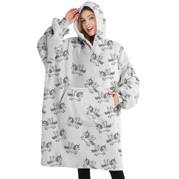 Oversized Wearable Blanket Hoodie,White Cartoon Winged Unicorn Pattern Sherpa Blanket Hoodie with Super Pockets,Super Warm Fuzzy Pullover for Women & Men