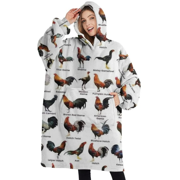 Oversized Wearable Blanket Hoodie,White Chicken Breed Pattern Sherpa Blanket Hoodie with Super Pockets,Super Warm Fuzzy Pullover for Women & Men