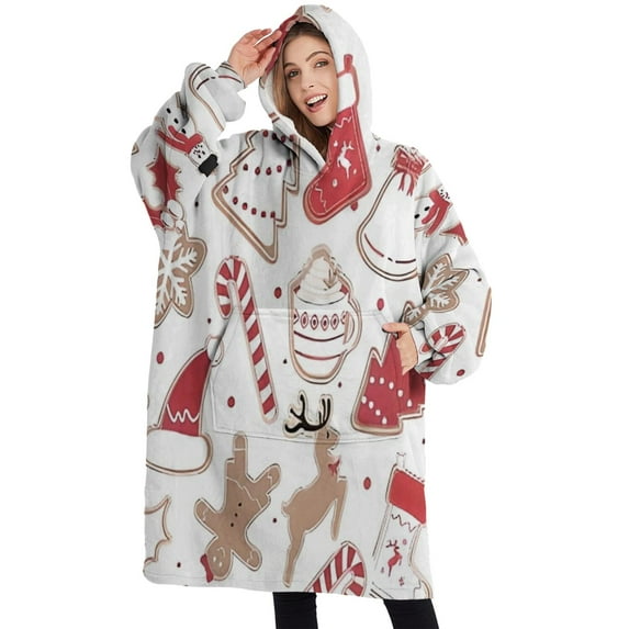 Oversized Wearable Blanket Hoodie,White Christmas Cookie Pattern Sherpa Blanket Hoodie with Super Pockets,Super Warm Fuzzy Pullover for Women & Men