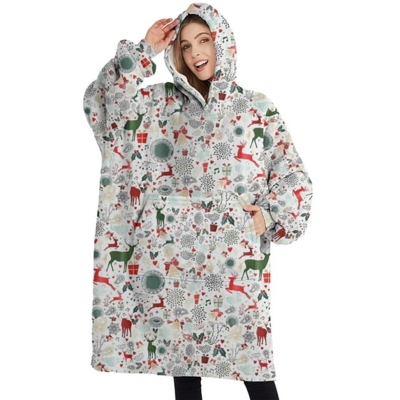 Oversized Wearable Blanket Hoodie,White Christmas Deer and Gift Pattern Sherpa Blanket Hoodie with Super Pockets,Super Warm Fuzzy Pullover for Women & Men