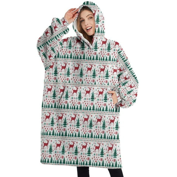Oversized Wearable Blanket Hoodie,White Christmas Deer and Tree Pattern Sherpa Blanket Hoodie with Super Pockets,Super Warm Fuzzy Pullover for Women & Men