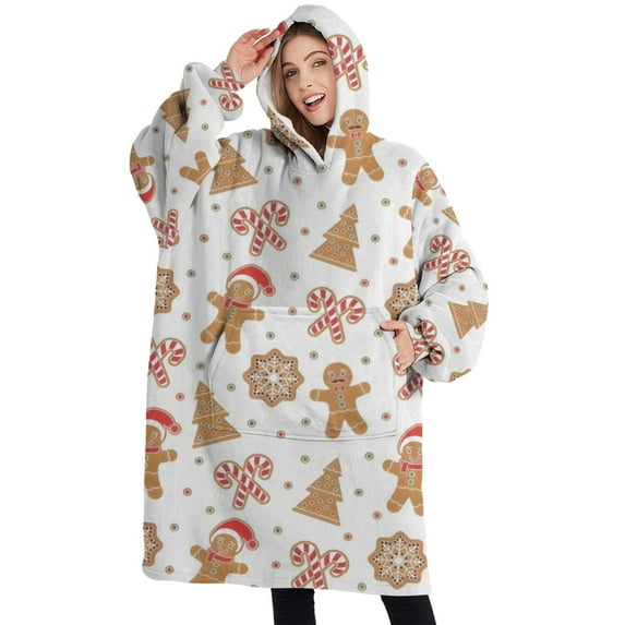 Oversized Wearable Blanket Hoodie,White Christmas Gingerbread Man Pattern Sherpa Blanket Hoodie with Super Pockets,Super Warm Fuzzy Pullover for Women & Men