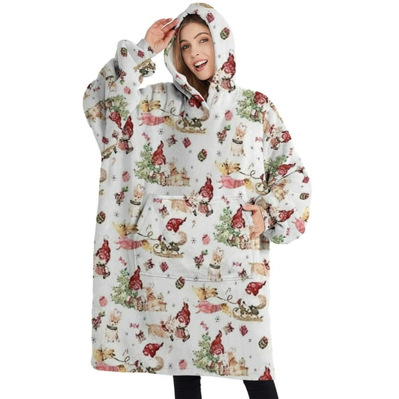 Oversized Wearable Blanket Hoodie,White Christmas Gnome Pattern Sherpa Blanket Hoodie with Super Pockets,Super Warm Fuzzy Pullover for Women & Men