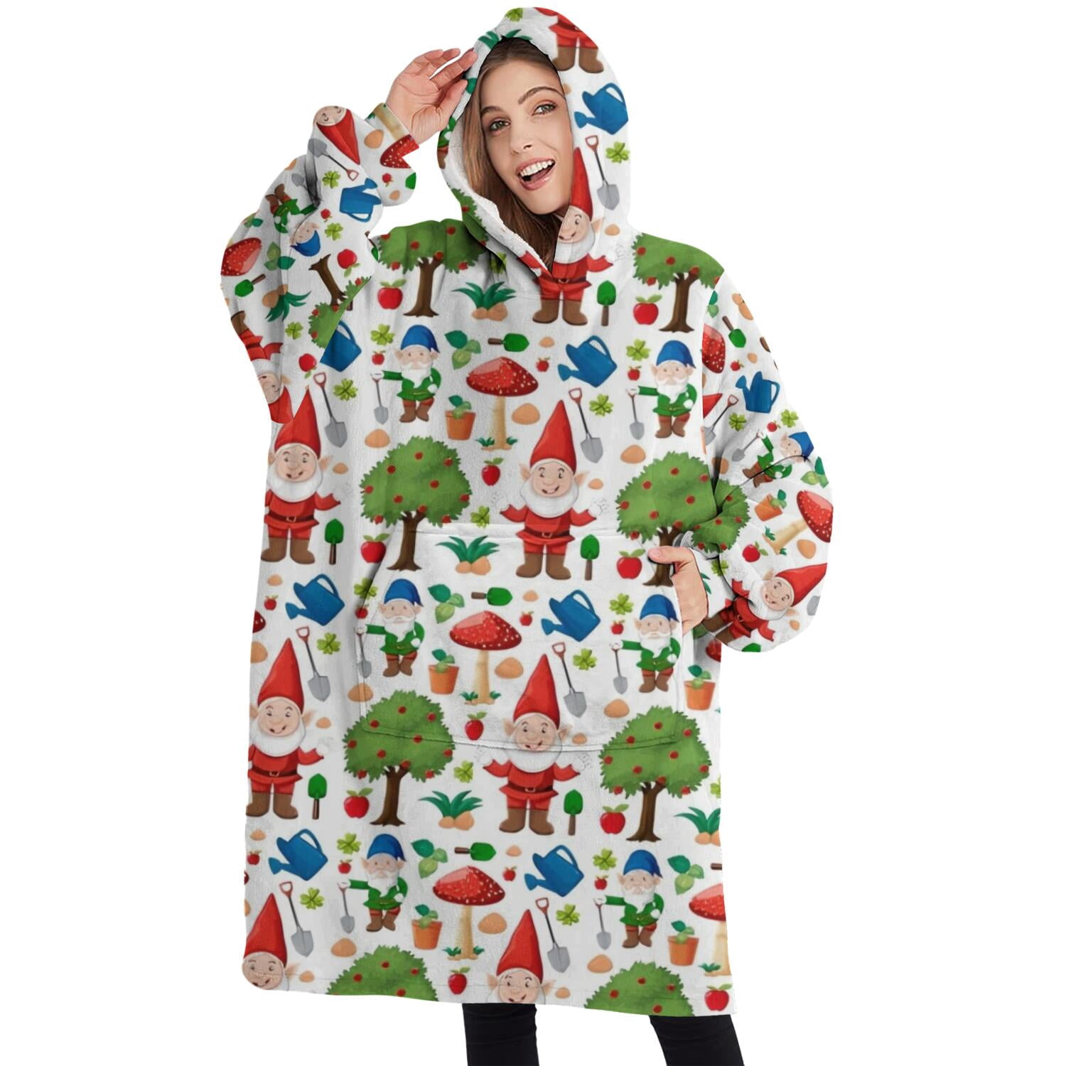 Oversized Wearable Blanket Hoodie,White Christmas Gnome Pattern Sherpa Blanket Hoodie with Super Pockets,Super Warm Fuzzy Pullover for Women & Men