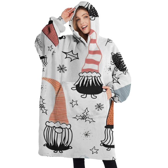Oversized Wearable Blanket Hoodie,White Christmas Gnome and Snowflake Pattern Sherpa Blanket Hoodie with Super Pockets,Super Warm Fuzzy Pullover for Women & Men