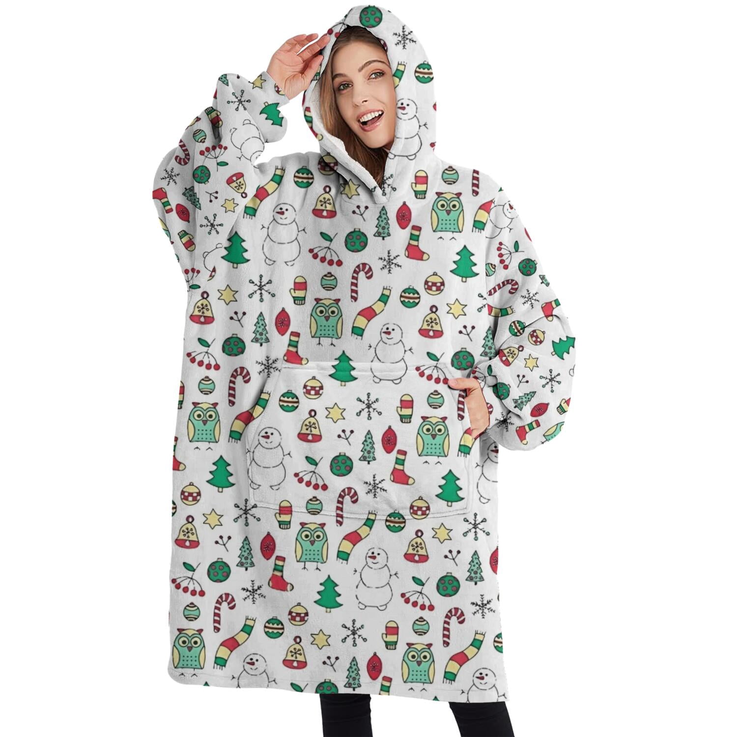 Oversized Wearable Blanket Hoodie,White Christmas Icon Pattern Sherpa Blanket Hoodie with Super Pockets,Super Warm Fuzzy Pullover for Women & Men