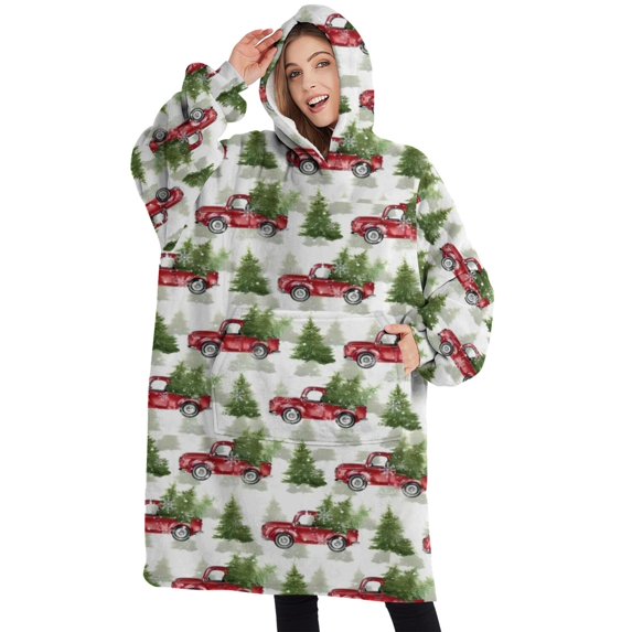 Oversized Wearable Blanket Hoodie,White Christmas Red Truck and Tree Pattern Sherpa Blanket Hoodie with Super Pockets,Super Warm Fuzzy Pullover for Women & Men