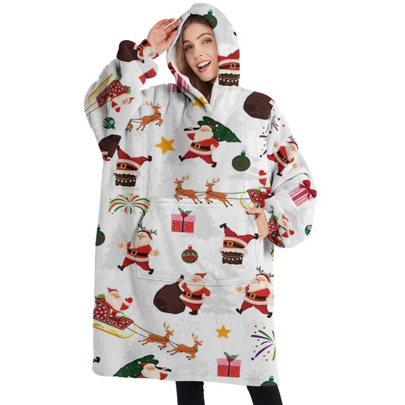 Oversized Wearable Blanket Hoodie,White Christmas Santa Pattern Sherpa Blanket Hoodie with Super Pockets,Super Warm Fuzzy Pullover for Women & Men