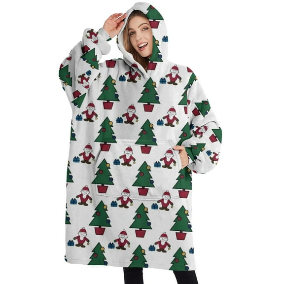 Oversized Wearable Blanket Hoodie,White Christmas Santa and Tree Pattern Sherpa Blanket Hoodie with Super Pockets,Super Warm Fuzzy Pullover for Women & Men