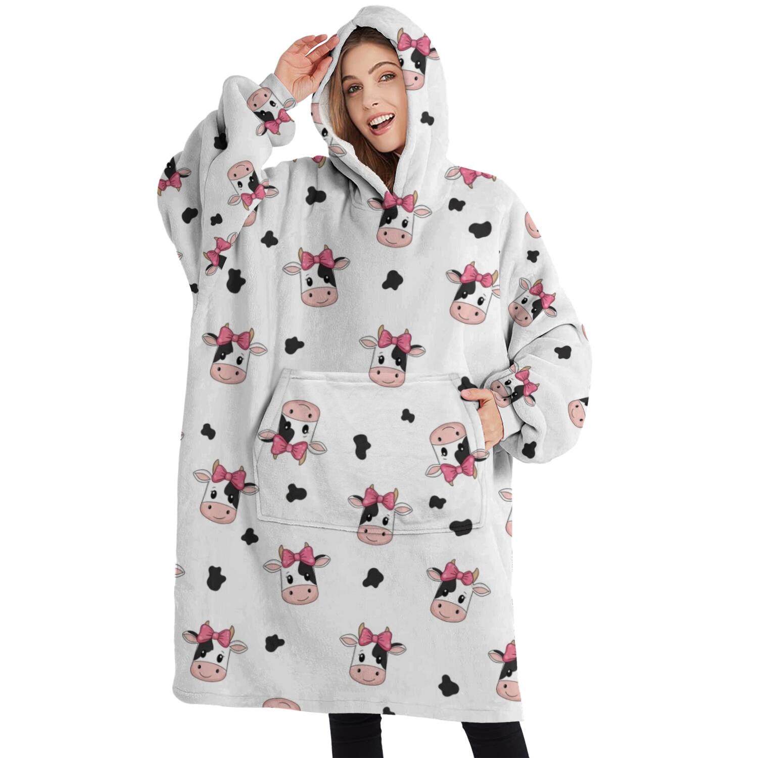 Oversized Wearable Blanket Hoodie,White Cow Black Spot Bow Pattern Sherpa Blanket Hoodie with Super Pockets,Super Warm Fuzzy Pullover for Women & Men