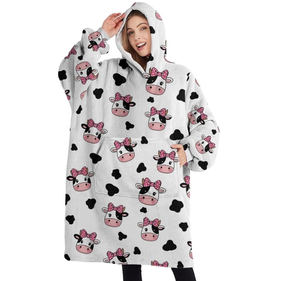 Oversized Wearable Blanket Hoodie,White Cow Bow Pattern Sherpa Blanket Hoodie with Super Pockets,Super Warm Fuzzy Pullover for Women & Men