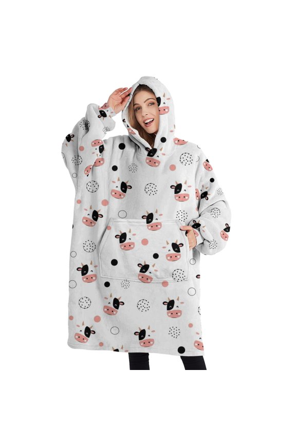 Oversized Wearable Blanket Hoodie,White Cow Cow Head Pattern Sherpa Blanket Hoodie with Super Pockets,Super Warm Fuzzy Pullover for Women & Men