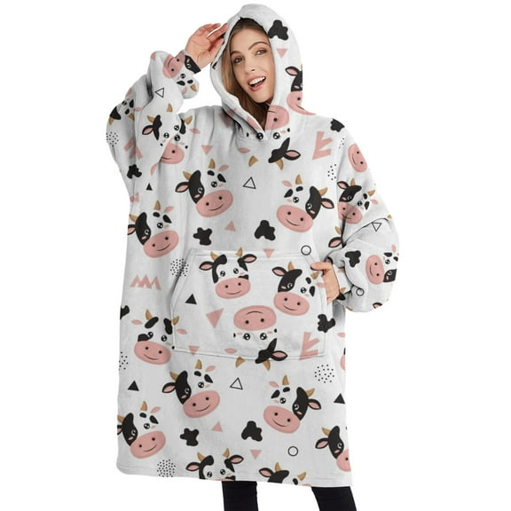 Oversized Wearable Blanket Hoodie,White Cow Geometric Pattern Sherpa Blanket Hoodie with Super Pockets,Super Warm Fuzzy Pullover for Women & Men