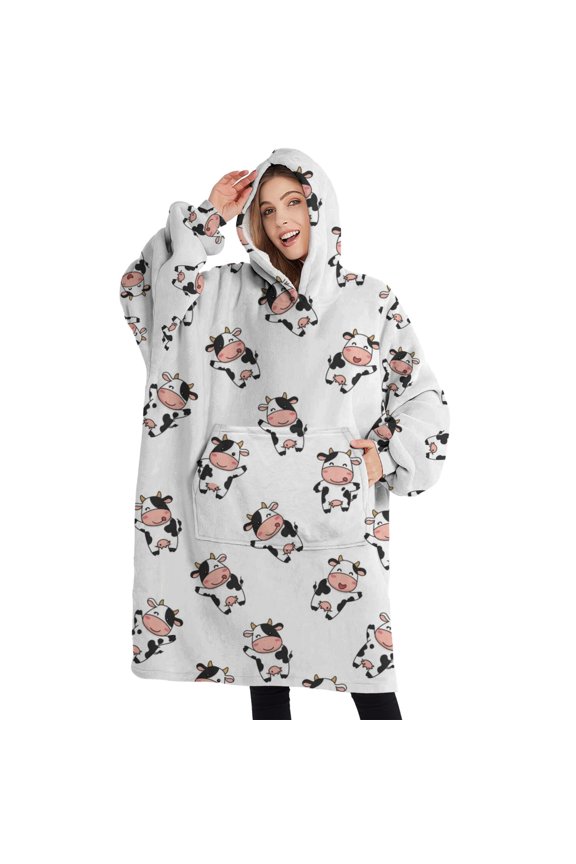 Oversized Wearable Blanket Hoodie,White Cow Happy Cow Pattern Sherpa Blanket Hoodie with Super Pockets,Super Warm Fuzzy Pullover for Women & Men