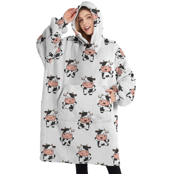 Oversized Wearable Blanket Hoodie,White Cow Happy Pattern Sherpa Blanket Hoodie with Super Pockets,Super Warm Fuzzy Pullover for Women & Men