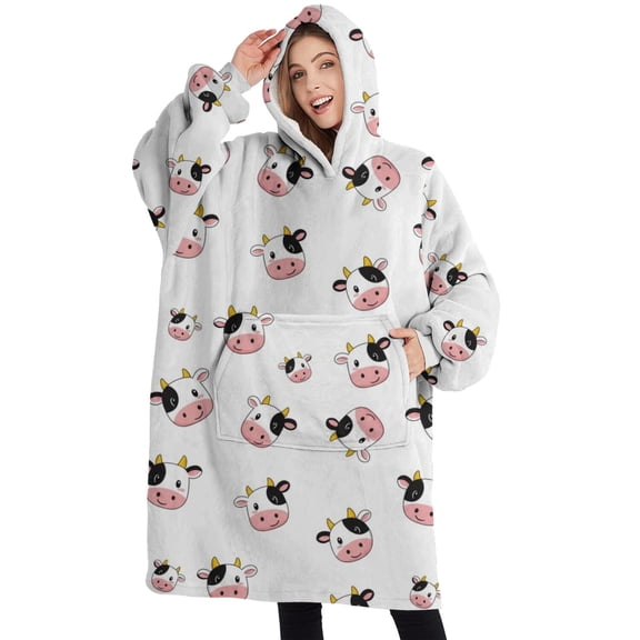 Oversized Wearable Blanket Hoodie,White Cow Head Pattern Sherpa Blanket Hoodie with Super Pockets,Super Warm Fuzzy Pullover for Women & Men