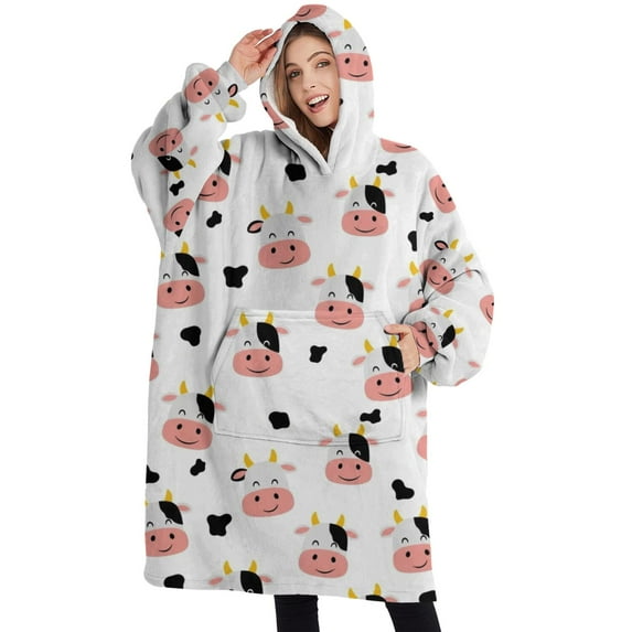 Oversized Wearable Blanket Hoodie,White Cow Head Pattern Sherpa Blanket Hoodie with Super Pockets,Super Warm Fuzzy Pullover for Women & Men