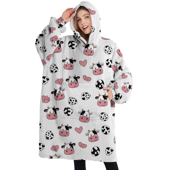 Oversized Wearable Blanket Hoodie,White Cow Heart Pattern Sherpa Blanket Hoodie with Super Pockets,Super Warm Fuzzy Pullover for Women & Men
