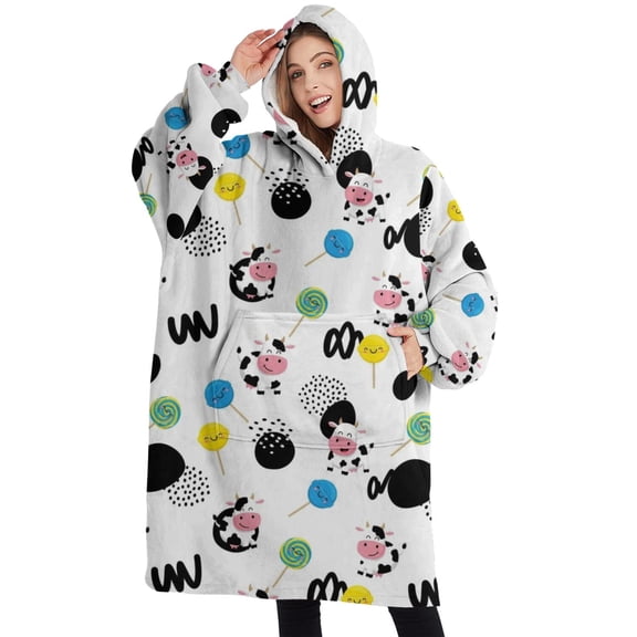 Oversized Wearable Blanket Hoodie,White Cow Lollipop Pattern Sherpa Blanket Hoodie with Super Pockets,Super Warm Fuzzy Pullover for Women & Men