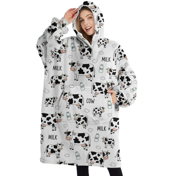 Oversized Wearable Blanket Hoodie,White Cow Milk Cow Pattern Sherpa Blanket Hoodie with Super Pockets,Super Warm Fuzzy Pullover for Women & Men