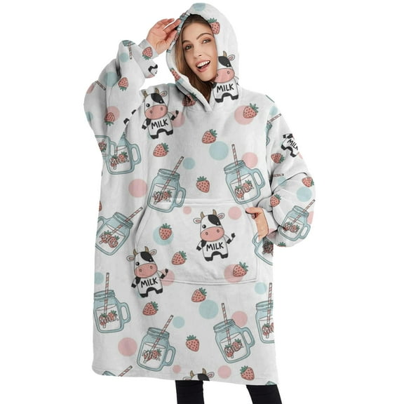 Oversized Wearable Blanket Hoodie,White Cow Milk Jar Pattern Sherpa Blanket Hoodie with Super Pockets,Super Warm Fuzzy Pullover for Women & Men