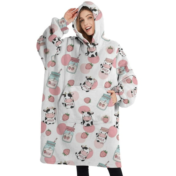Oversized Wearable Blanket Hoodie,White Cow Milk Strawberry Pattern Sherpa Blanket Hoodie with Super Pockets,Super Warm Fuzzy Pullover for Women & Men