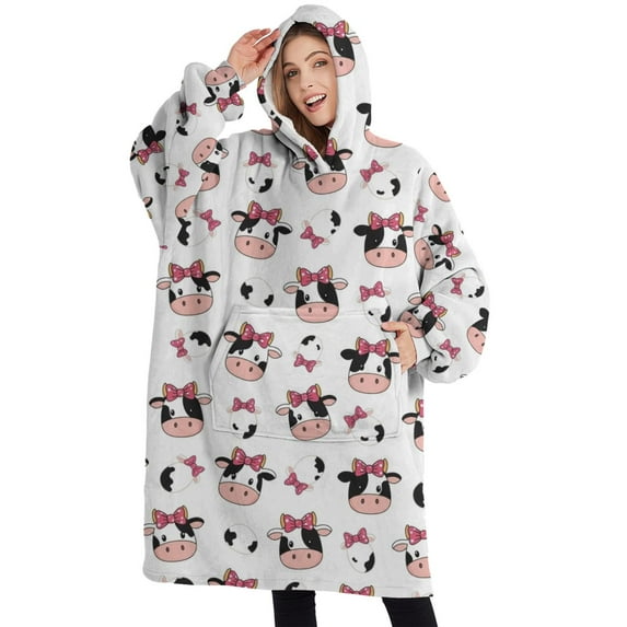 Oversized Wearable Blanket Hoodie,White Cow Pink Bow Pattern Sherpa Blanket Hoodie with Super Pockets,Super Warm Fuzzy Pullover for Women & Men