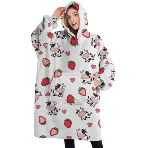 Oversized Wearable Blanket Hoodie,White Cow Strawberry Heart Pattern Sherpa Blanket Hoodie with Super Pockets,Super Warm Fuzzy Pullover for Women & Men
