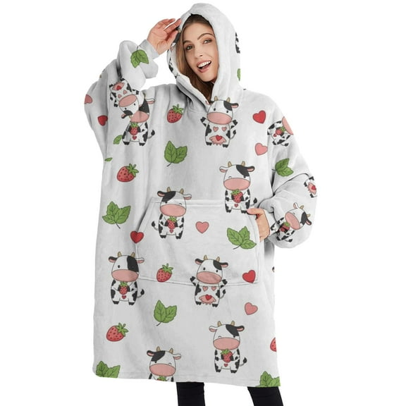 Oversized Wearable Blanket Hoodie,White Cow Strawberry Heart Pattern Sherpa Blanket Hoodie with Super Pockets,Super Warm Fuzzy Pullover for Women & Men