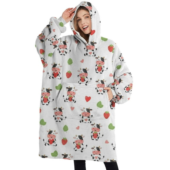 Oversized Wearable Blanket Hoodie,White Cow Strawberry Leaf Pattern Sherpa Blanket Hoodie with Super Pockets,Super Warm Fuzzy Pullover for Women & Men