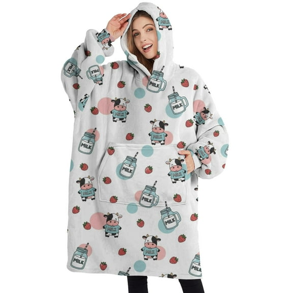 Oversized Wearable Blanket Hoodie,White Cow Strawberry Milk Jar Pattern Sherpa Blanket Hoodie with Super Pockets,Super Warm Fuzzy Pullover for Women & Men