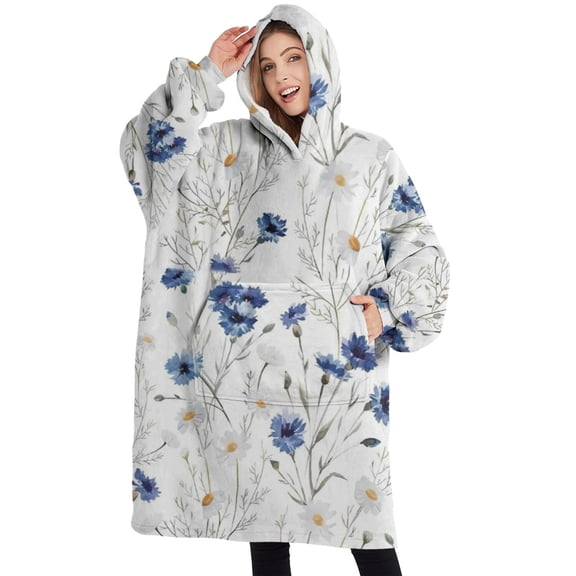 Oversized Wearable Blanket Hoodie,White Daisy Flower Pattern Sherpa Blanket Hoodie with Super Pockets,Super Warm Fuzzy Pullover for Women & Men